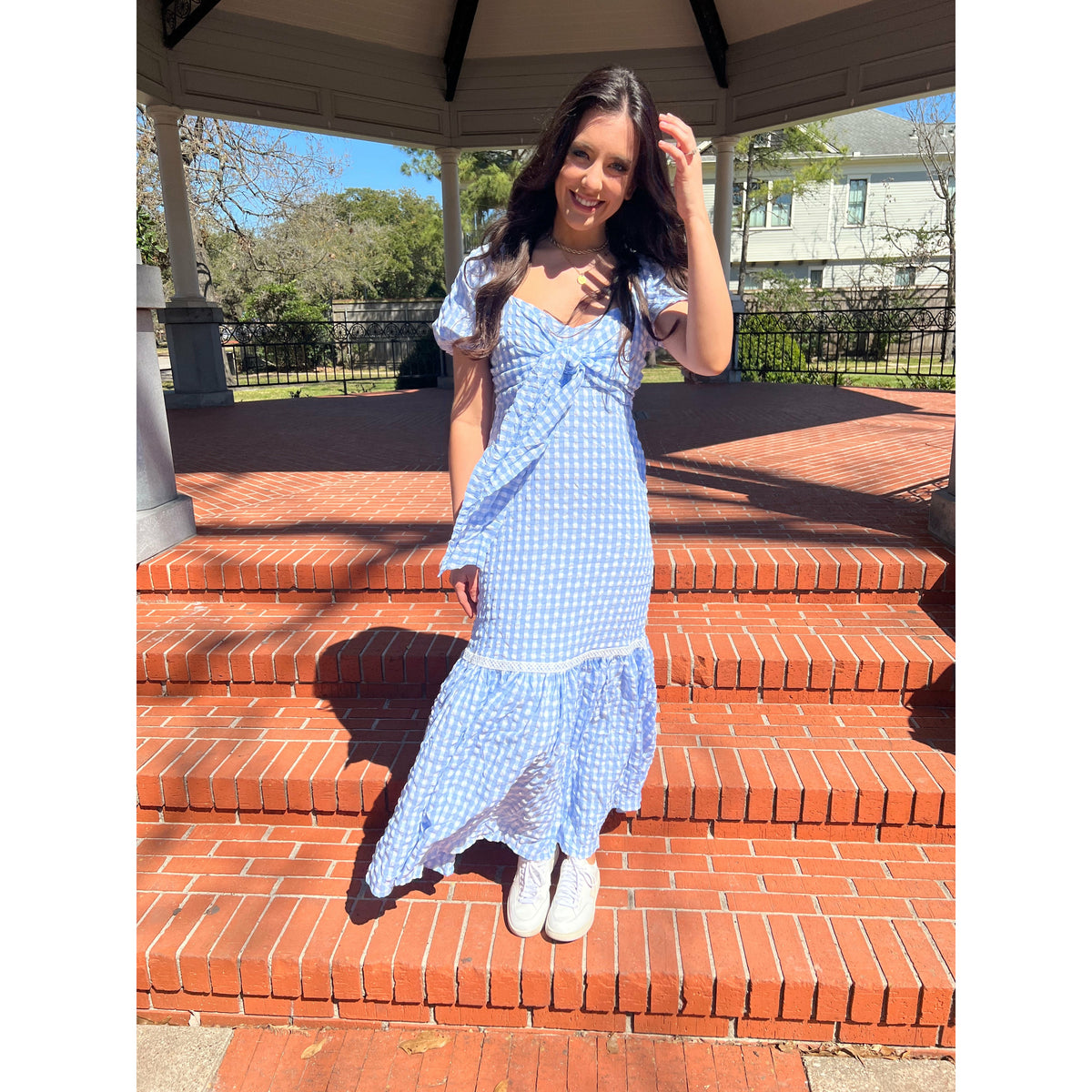 Blue gingham maxi dress sale