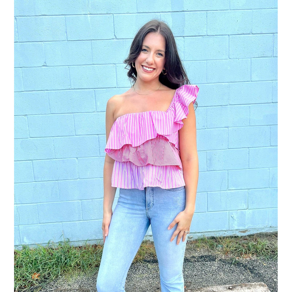 Pink Ruffled One-shoulder Top